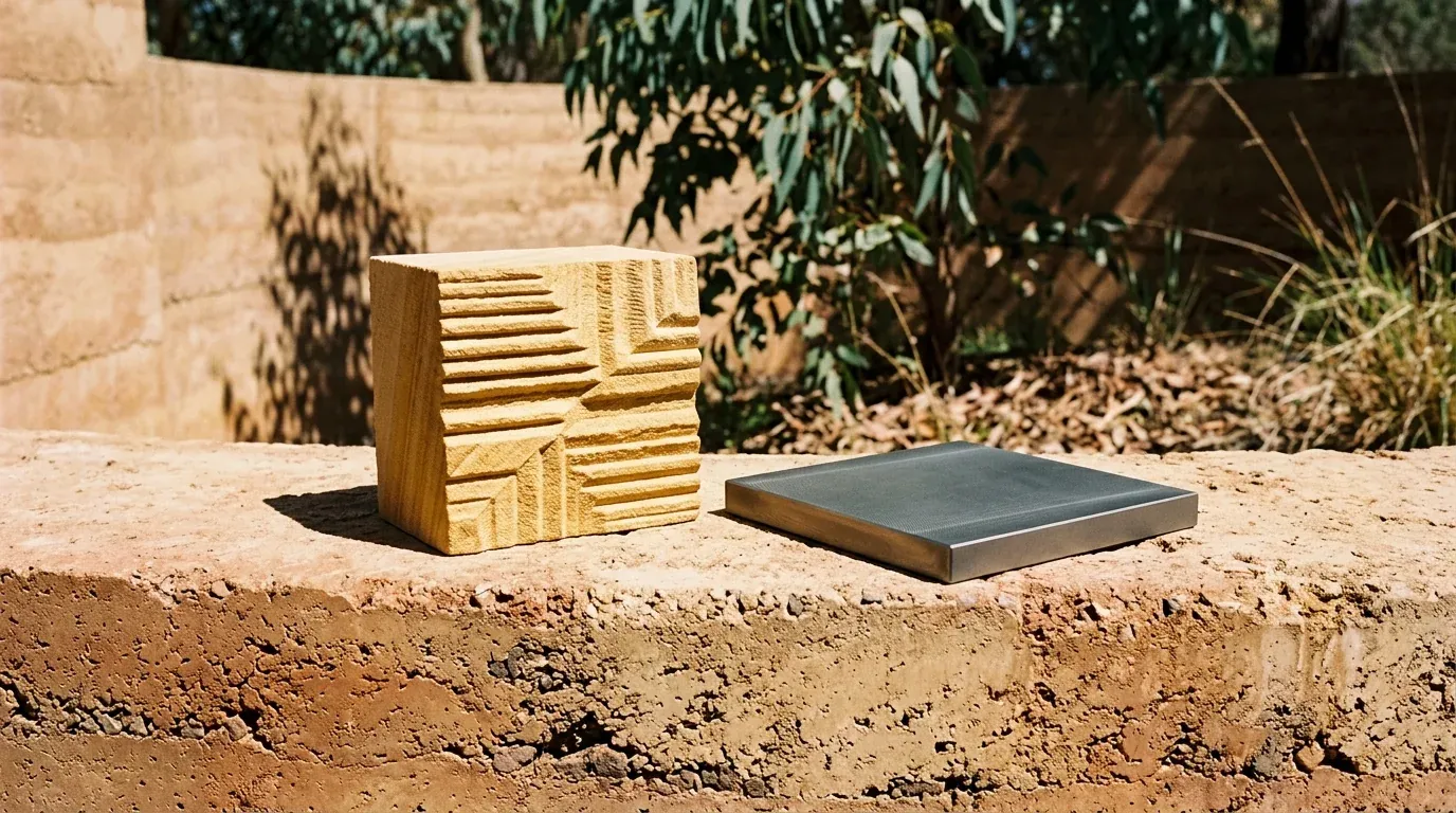 Tactile Australian golden sandstone sculpture and precision machined titanium block on rammed earth