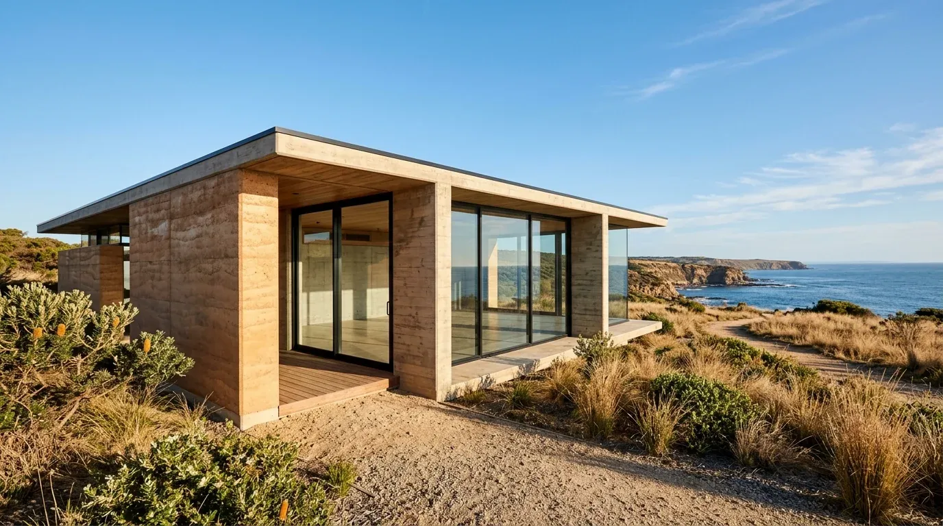 Modernist Australian coastal pavilion of rammed earth and glass overlooking native grassland under clear skies