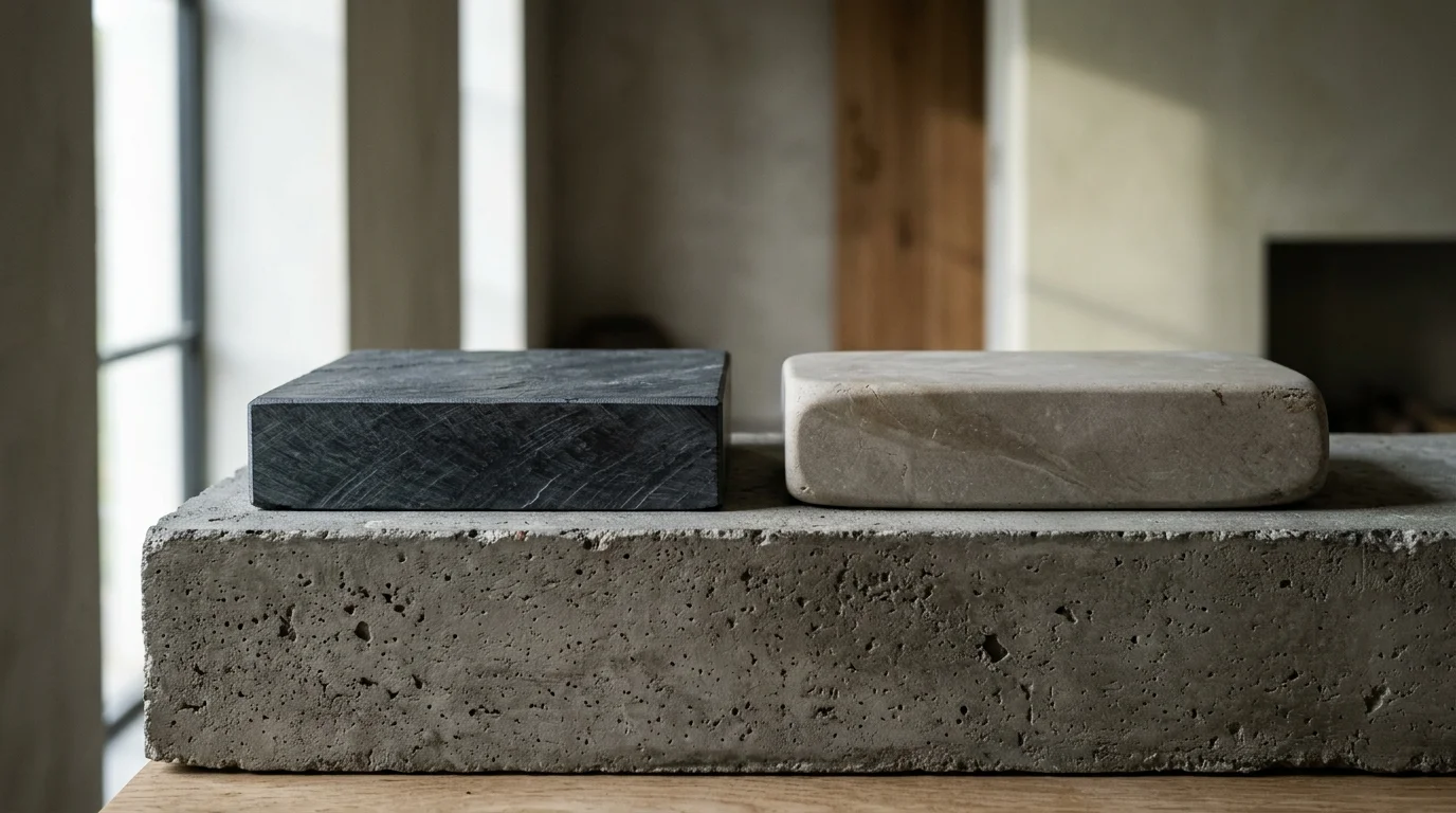 Precision-machined slate block and honed stone on a concrete plinth in natural raking daylight