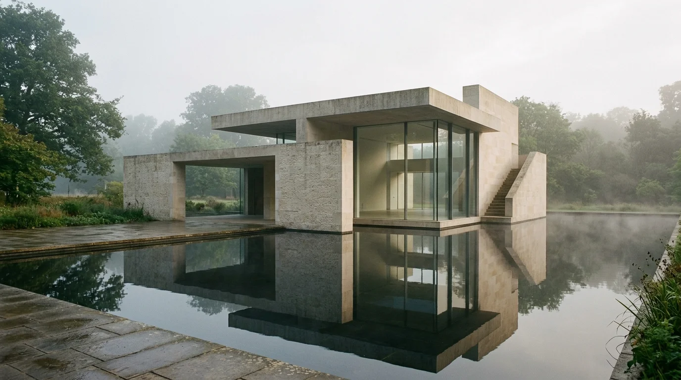 Minimalist British modernist limestone and glass pavilion beside a reflecting pool in soft morning daylight
